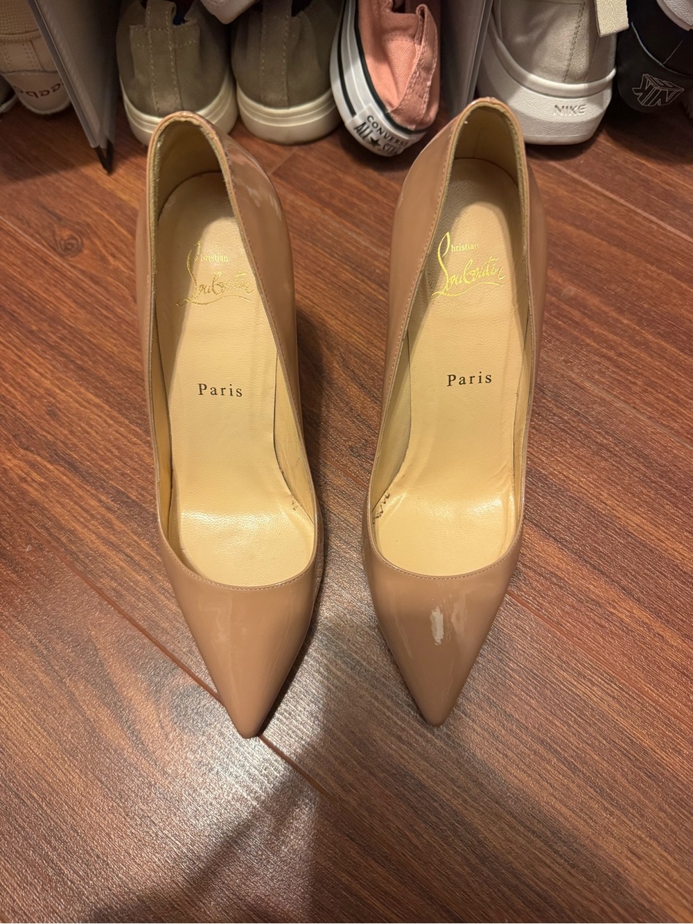Christian Louboutin Beige Patent Leather Pointed Toe Pumps